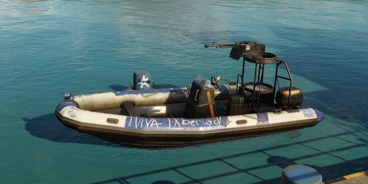 Надувная лодка с установленными пушками. Фото: Far Cry 6